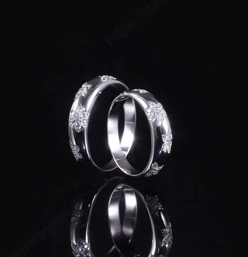 Цэцэгт 18К цагаан алтаар бүрсэн хуримын моиссанит алмаз хос бөгж