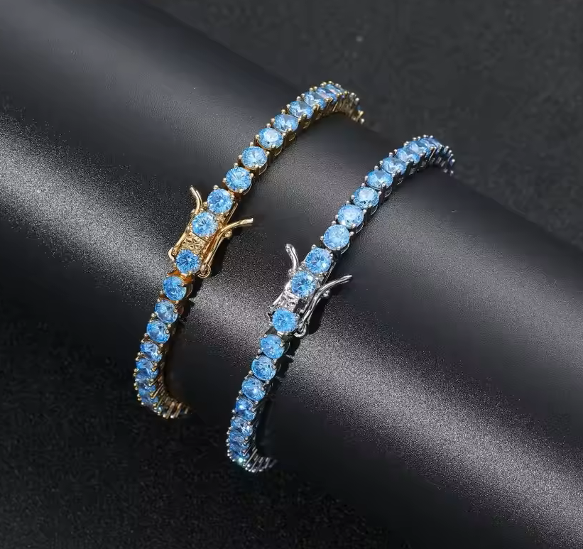 Тэнгэрийн цэнхэр 3 mm Моиссанит алмазтай 18 cm  теннис бугуйвч