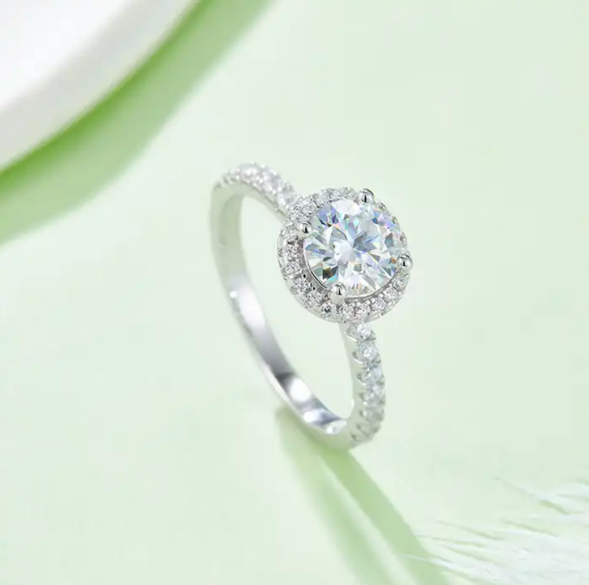 14K цагаан алтан Дугуй 1ct моиссанит алмазан сүйн бөгж