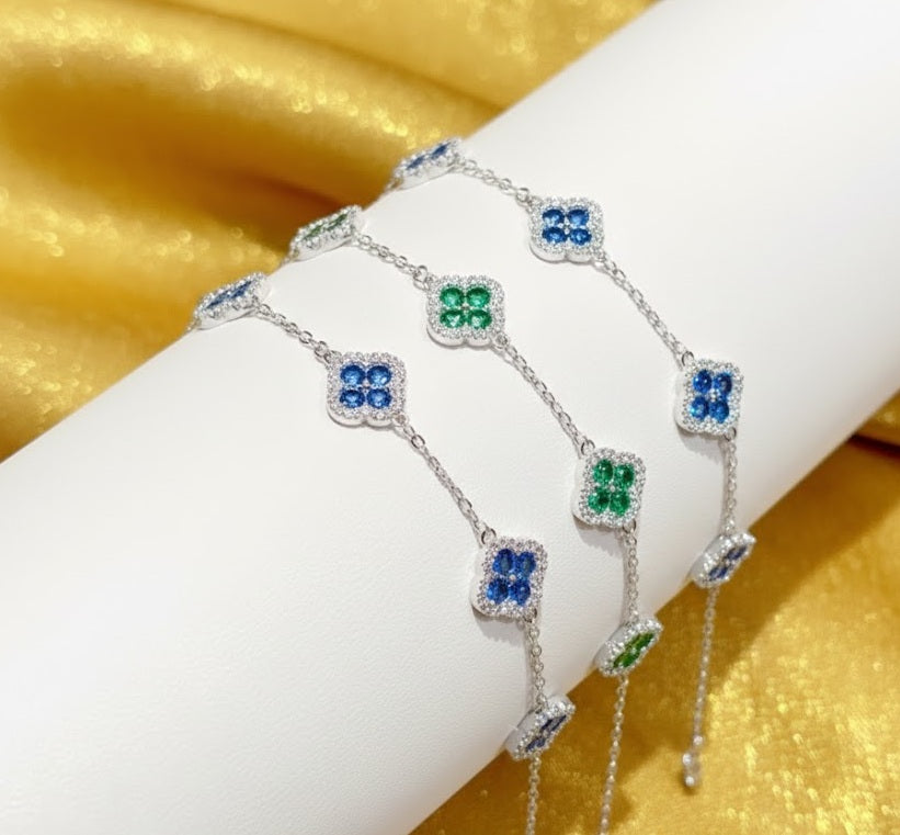 Ногоон,цэнхэр цэцэгтэй циркон мөнгөн бугуйвч