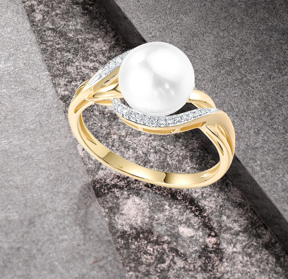 14К шар алтан байгалийн алмаз сувдтай бөгж