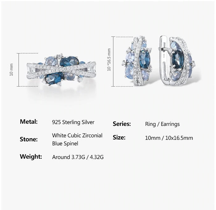 Гялалзсан цэнхэр өнгийн S925 мөнгөн ээмэг бөгж зүүлт хослол