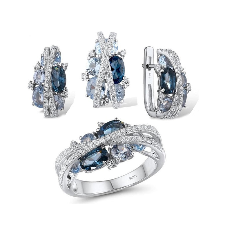 Гялалзсан цэнхэр өнгийн S925 мөнгөн ээмэг бөгж зүүлт хослол