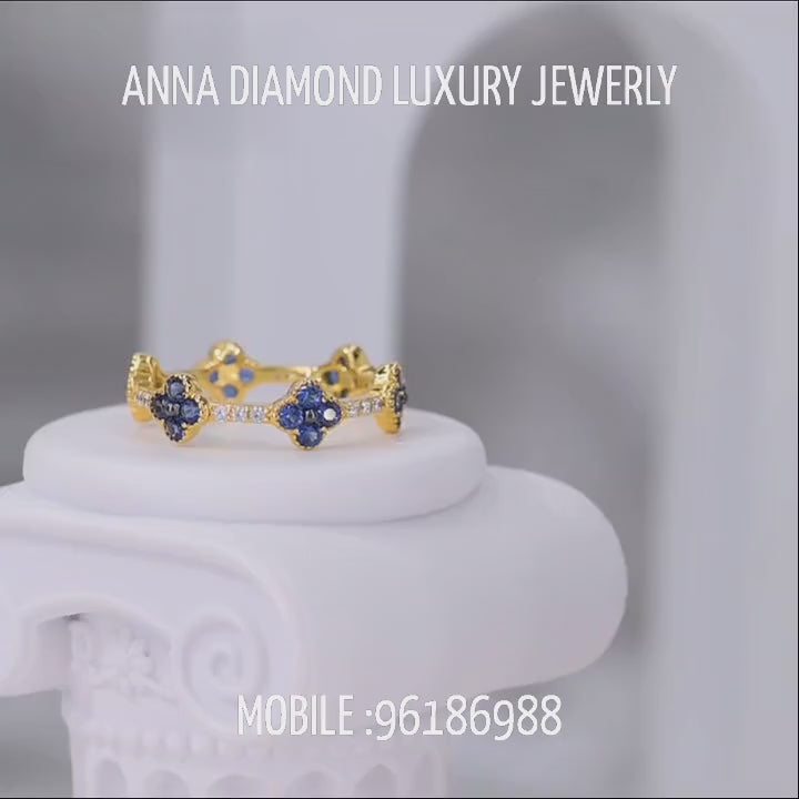 14K Шар алт, Цэнхэр индранил,Алмаазан дөрвөн навчит бөгж