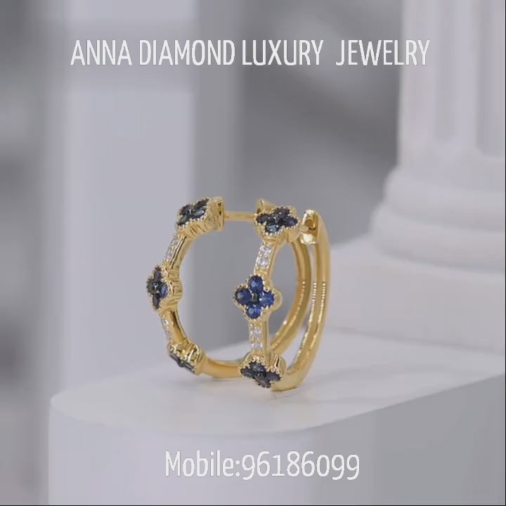 14K Шар алт, Цэнхэр индранил,Алмаазан дөрвөн навчит цагираг ээмэг
